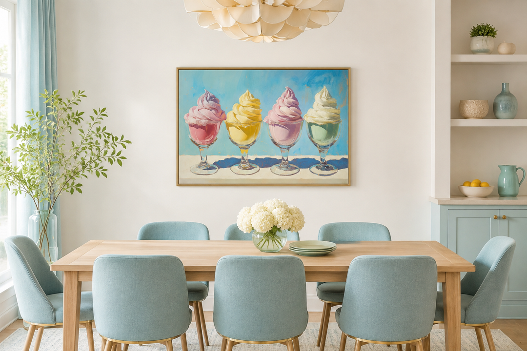 Retro framed canvas wall art featuring four colorful soft-serve ice cream sundaes in glass bowls.