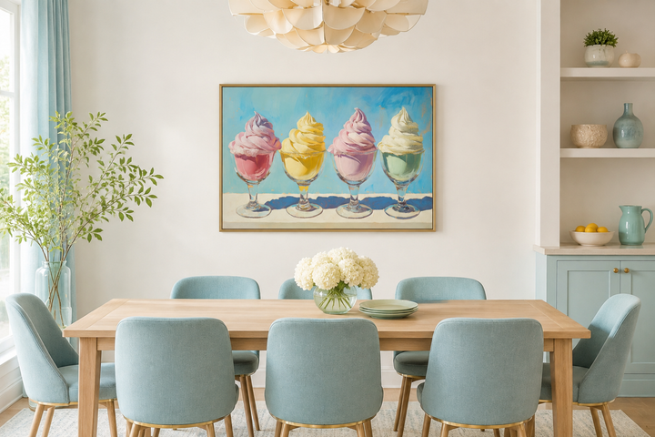 Retro framed canvas wall art featuring four colorful soft-serve ice cream sundaes in glass bowls.