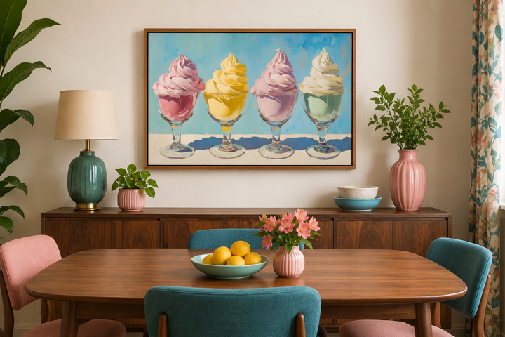 Retro framed canvas wall art featuring four colorful soft-serve ice cream sundaes in glass bowls.