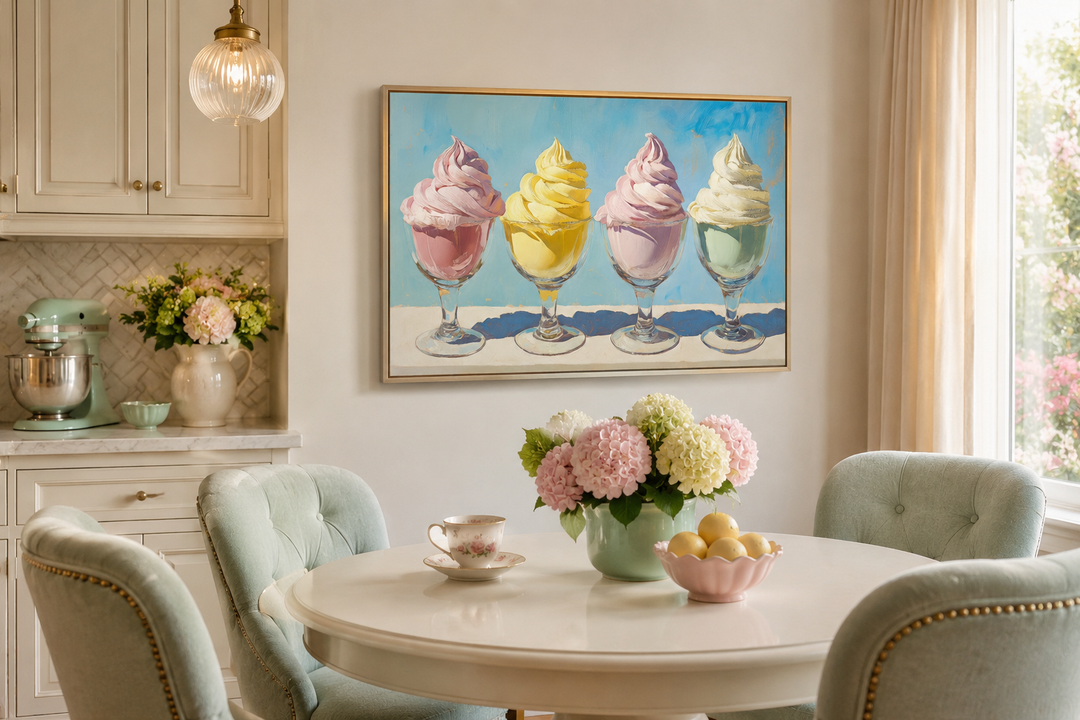Framed canvas painting of four pastel soft-serve ice cream sundaes in a bright kitchen setting.