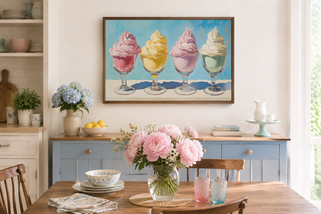 Retro ice cream framed canvas wall art featuring four colorful soft-serve sundaes in a kitchen.