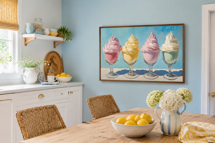 Retro framed canvas wall art featuring four colorful soft-serve ice cream sundaes in a kitchen.