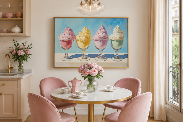 Retro framed canvas wall art featuring four colorful soft-serve ice cream sundaes in a kitchen.