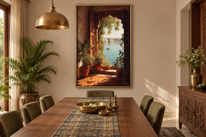 Indian Palace wall art canvas print with an arched window view of a serene lake in a dining room.