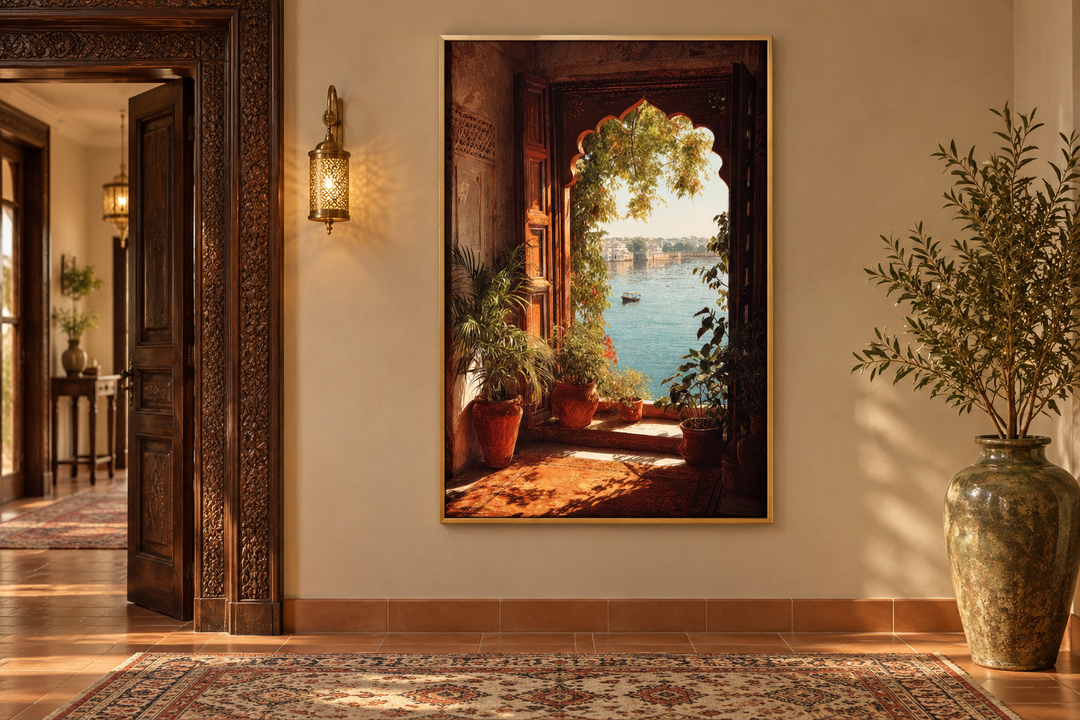 Arched window canvas print with a serene lake view in a gold frame on a warm-toned wall.