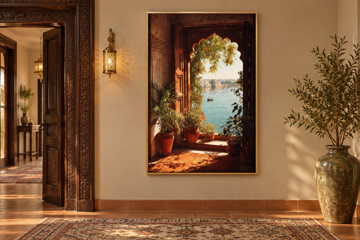 Arched window canvas print with a serene lake view in a gold frame on a warm-toned wall.