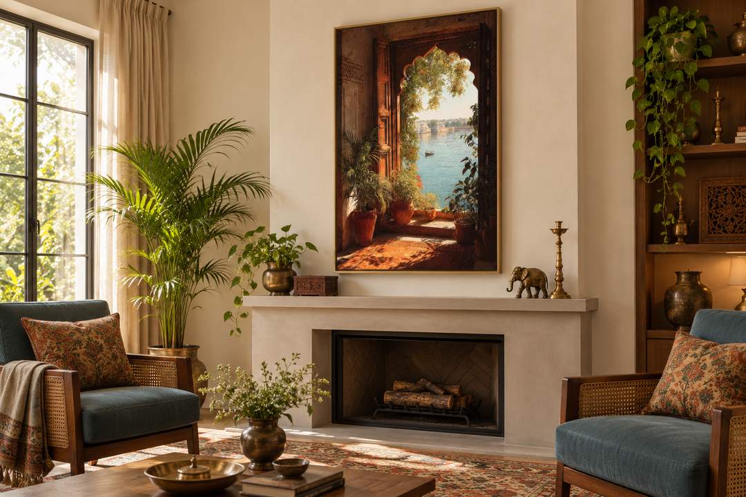Indian Palace wall art canvas print of an arched window with a lake view above a fireplace.