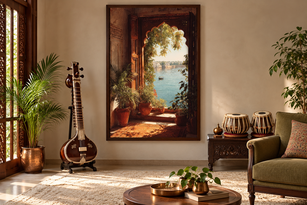 Arched window canvas print showing a lake view, framed in walnut in a boho-style music room.