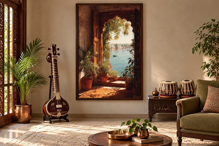 Arched window canvas print showing a lake view, framed in walnut in a boho-style music room.