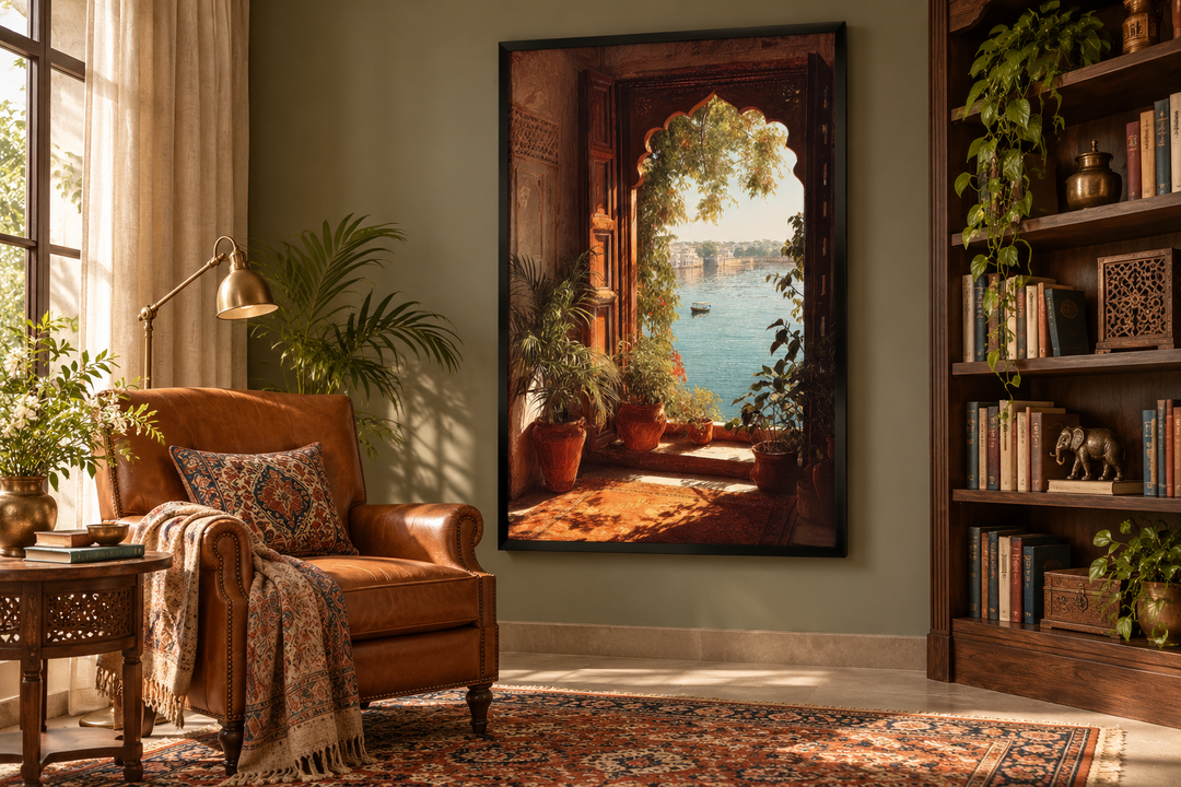Indian Palace wall art canvas print featuring an arched window with a serene lake view.