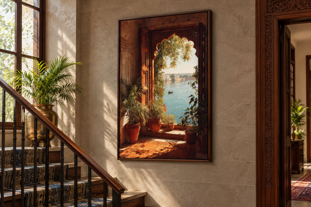 Arched window canvas print of an Indian palace lake view in a walnut frame on a staircase wall.