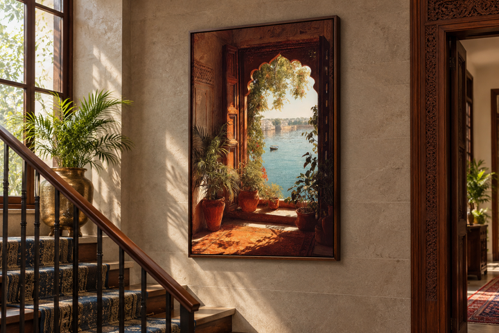 Arched window canvas print of an Indian palace lake view in a walnut frame on a staircase wall.