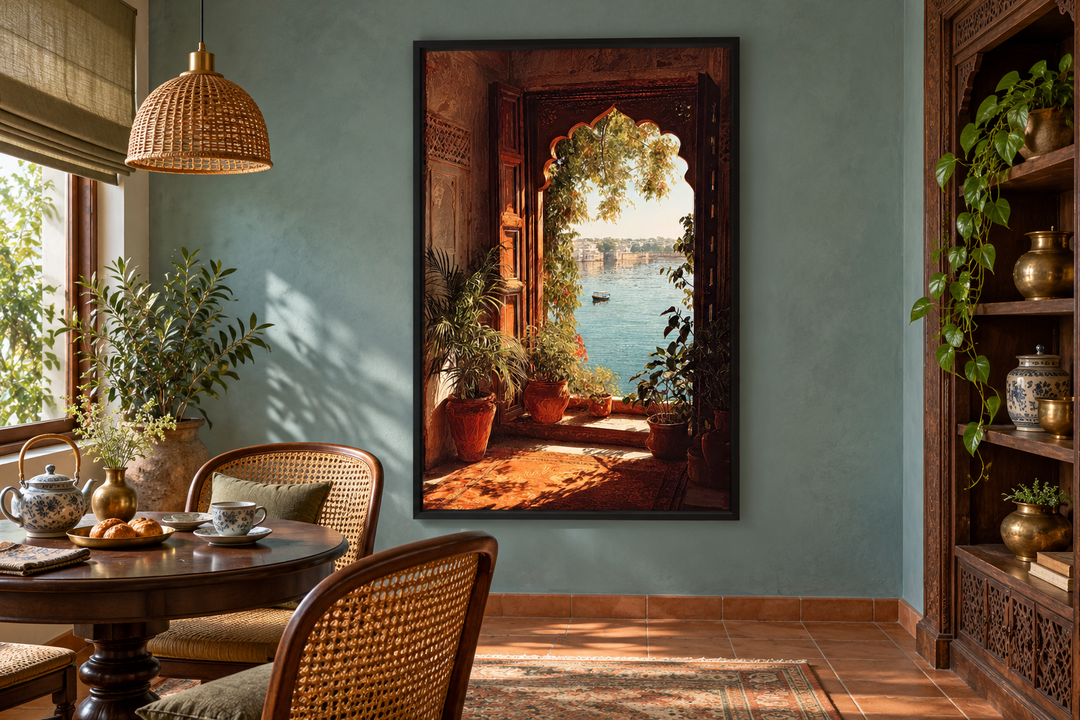 Vertical canvas print of an ornate Indian palace window overlooking a serene lake in a boho room.