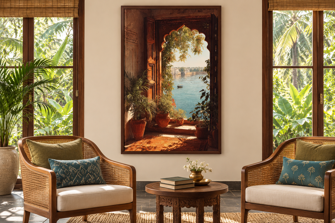 Indian Palace wall art canvas print of an arched window with a lake view in a boho living room.