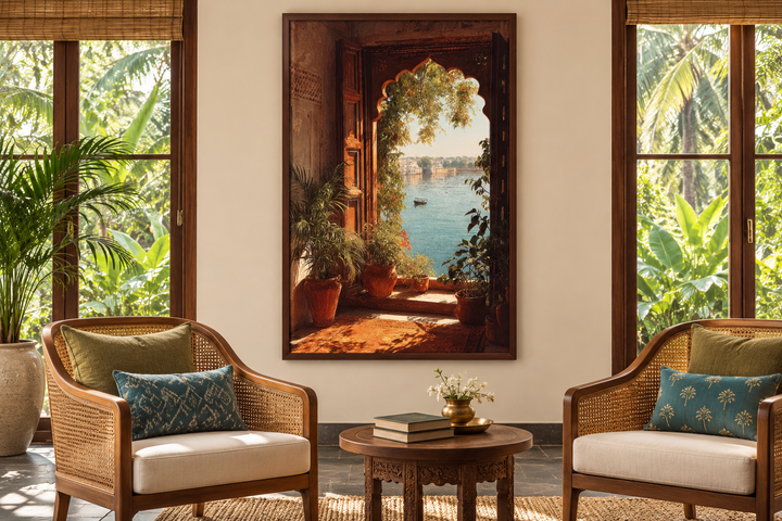 Indian Palace wall art canvas print of an arched window with a lake view in a boho living room.