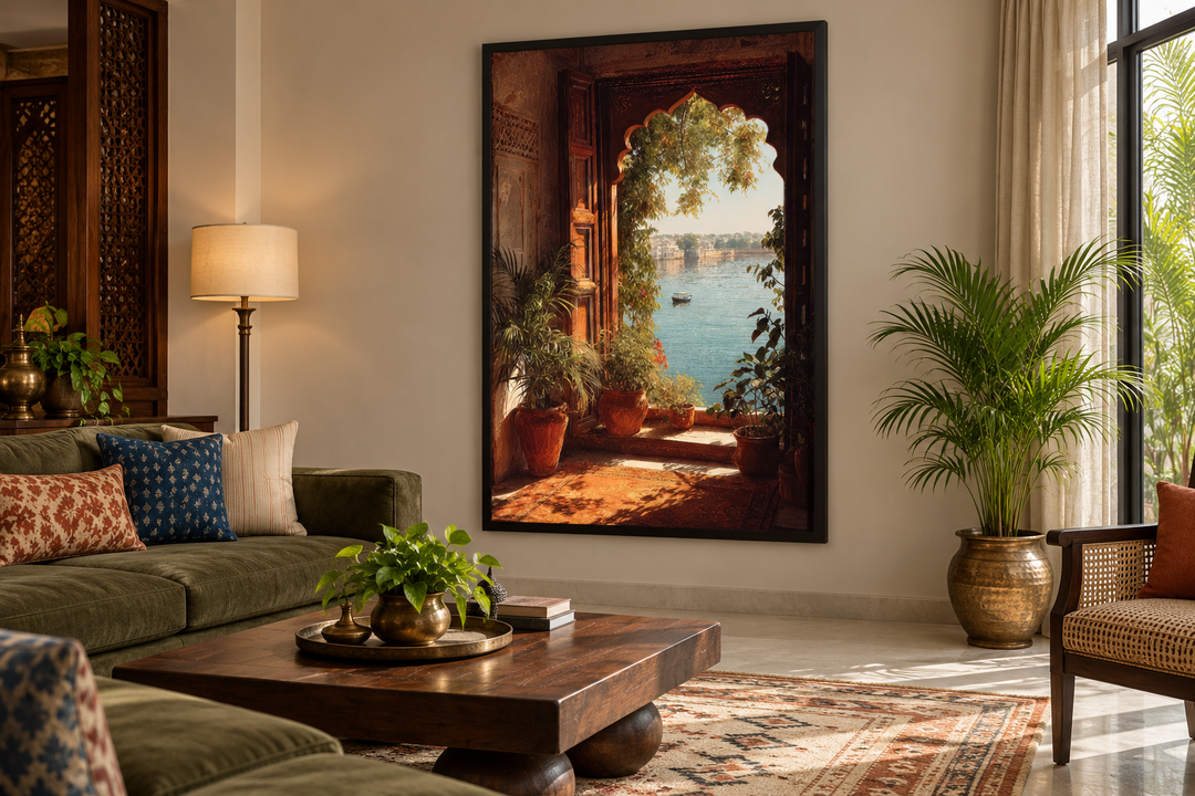 Arched Indian palace window canvas print with a serene lake view in a boho-style living room.