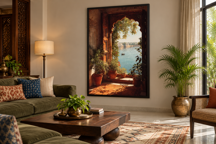 Arched Indian palace window canvas print with a serene lake view in a boho-style living room.
