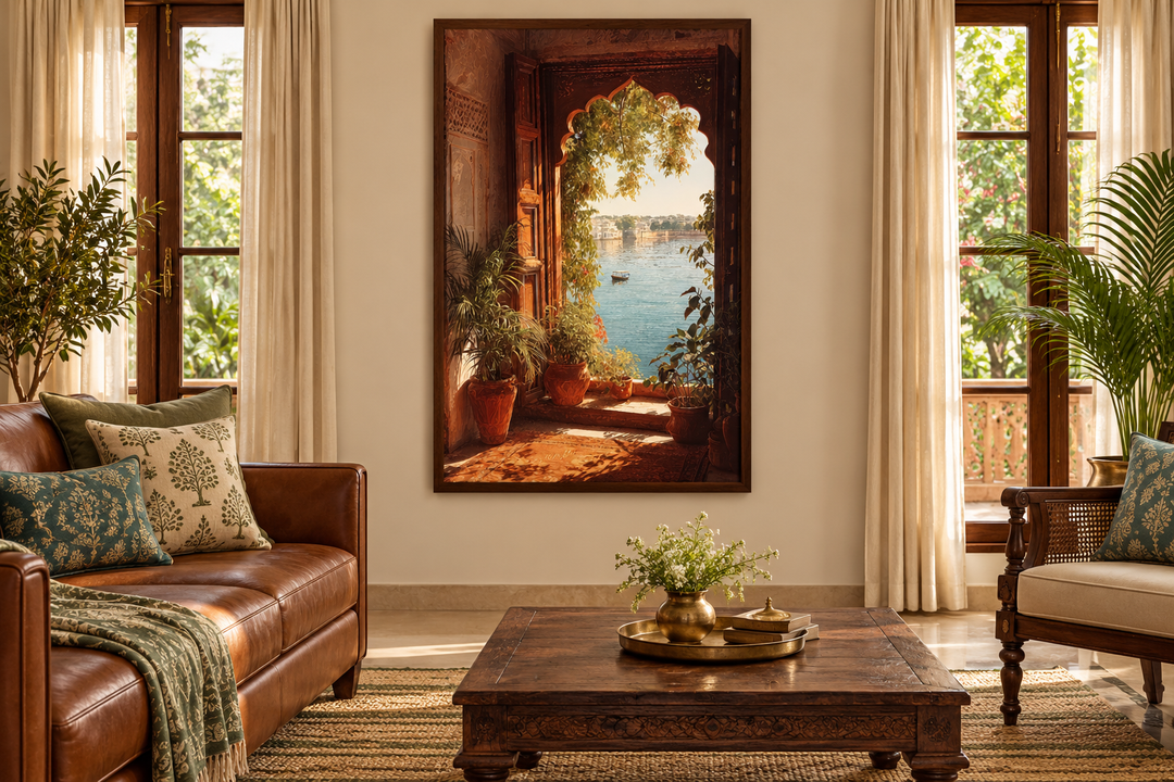 Arched window canvas print of an Indian palace lake view in a warm, boho-style living room.