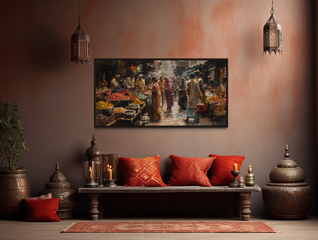 Indian Bazaar Painting – Colorful Canvas Art | Vibrant Market Scene Framed Wall Decor