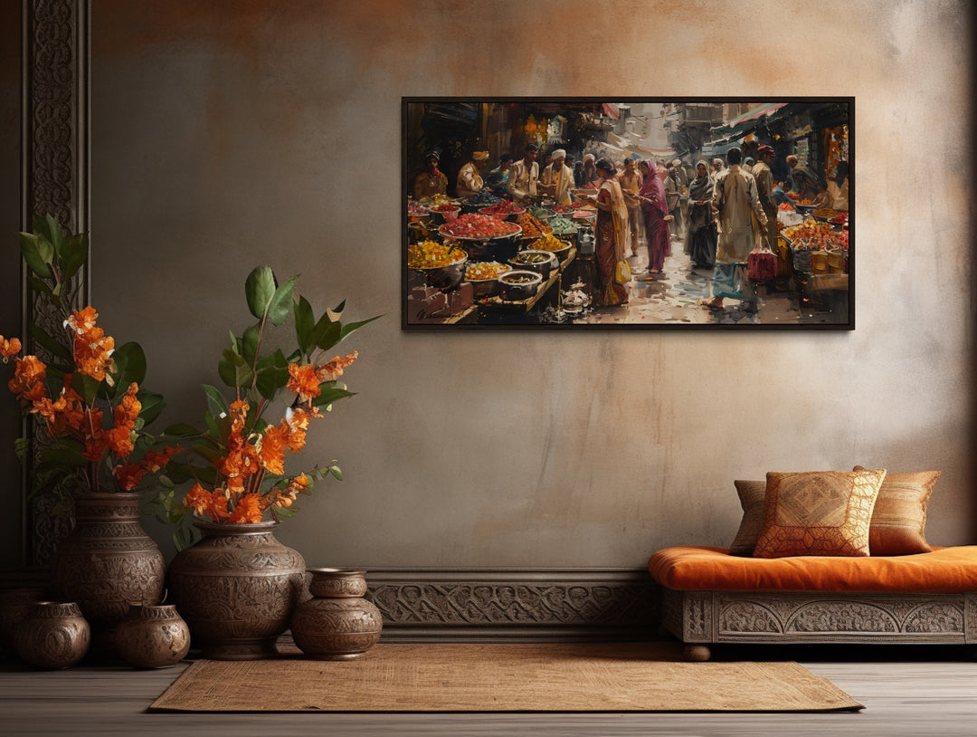 Indian Bazaar Painting – Colorful Canvas Art | Vibrant Market Scene Framed Wall Decor