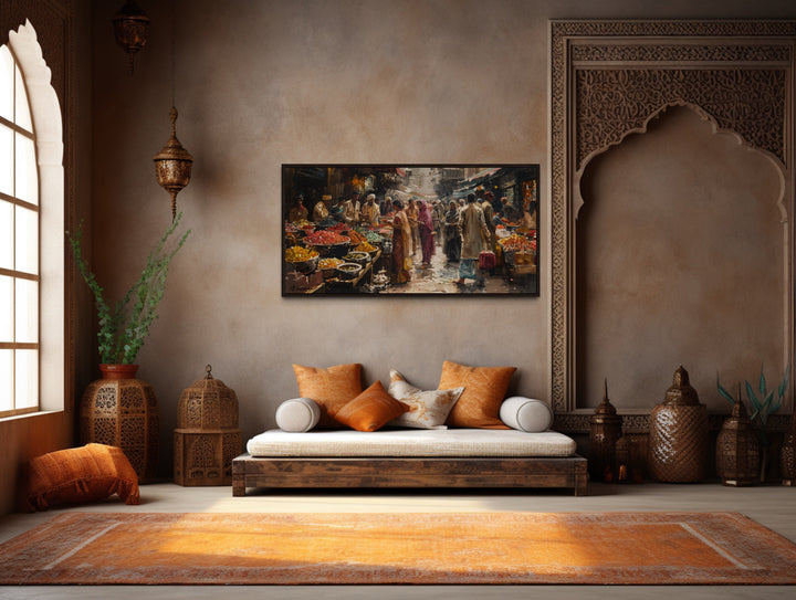 Indian Bazaar Painting – Colorful Canvas Art | Vibrant Market Scene Framed Wall Decor