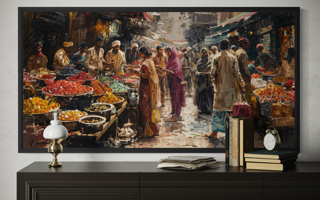 Indian Bazaar Painting – Colorful Canvas Art | Vibrant Market Scene Framed Wall Decor
