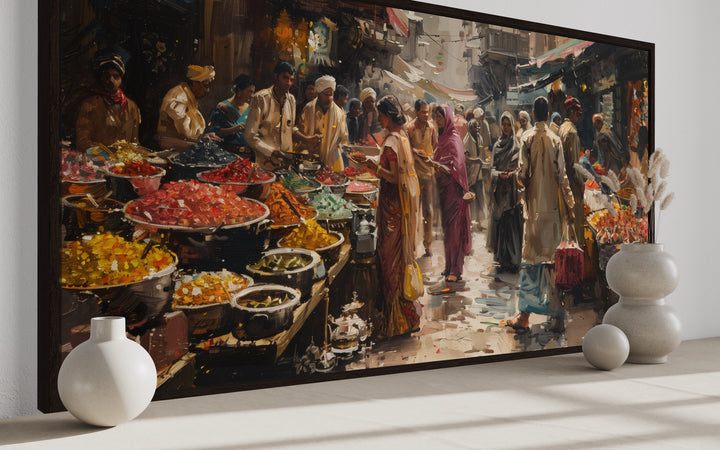 Indian Bazaar Painting – Colorful Canvas Art | Vibrant Market Scene Framed Wall Decor