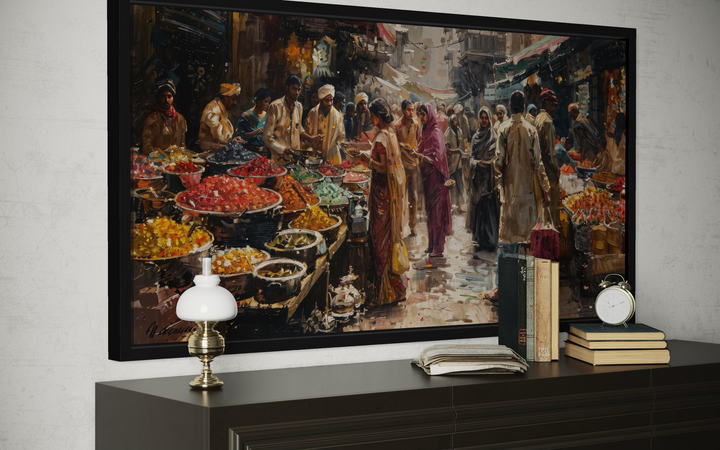 Indian Bazaar Painting – Colorful Canvas Art | Vibrant Market Scene Framed Wall Decor