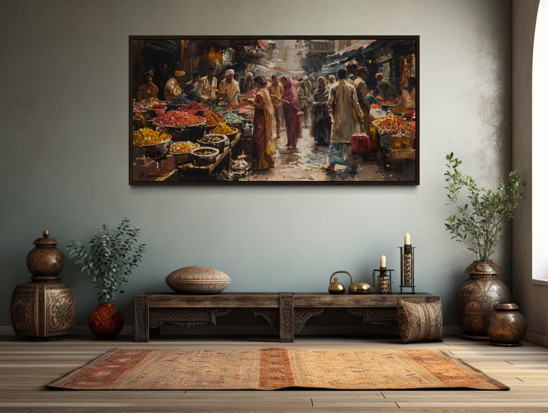 Indian Bazaar Painting – Colorful Canvas Art | Vibrant Market Scene Framed Wall Decor