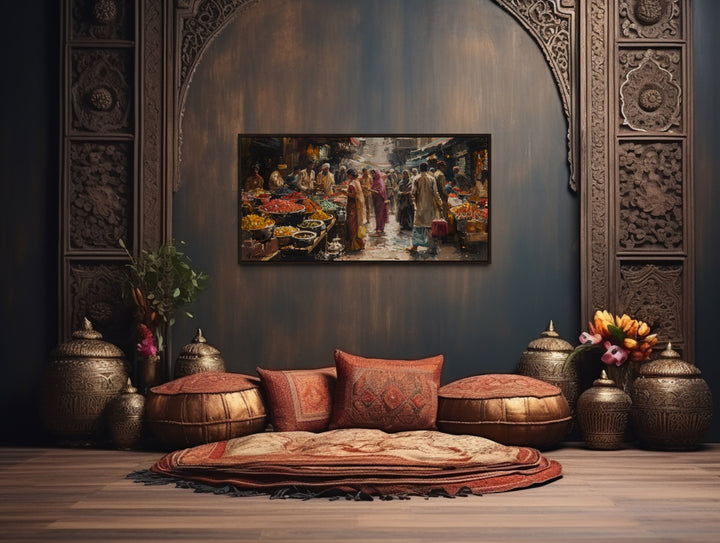 Indian Bazaar Scene Colorful Painting Framed Canvas Wall Art