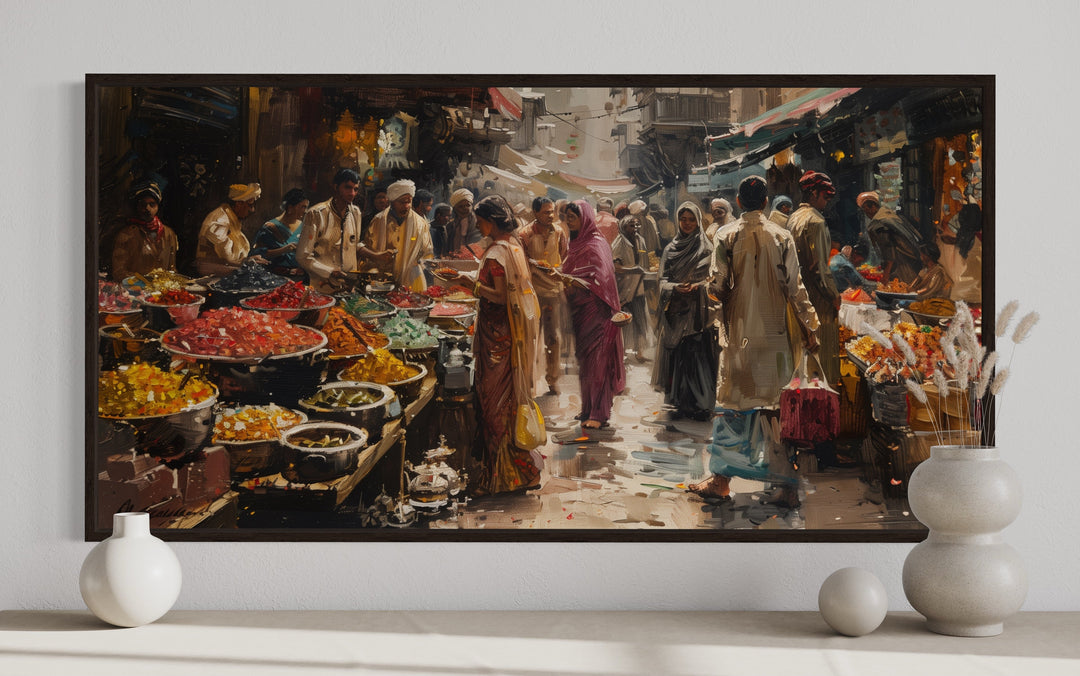 Indian Bazaar Scene Colorful Painting Framed Canvas Wall Art