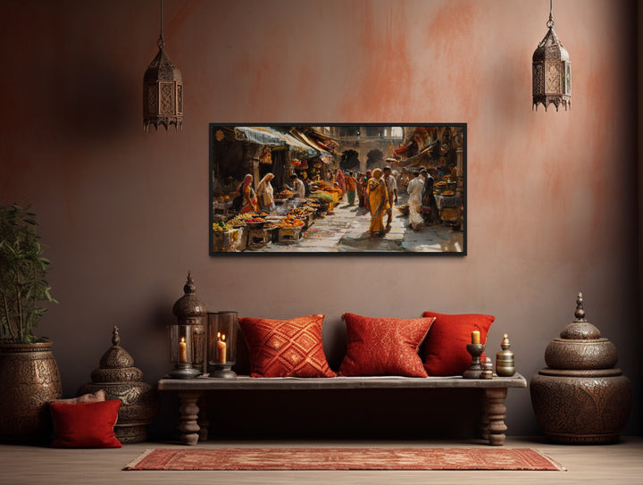 Indian Bazaar Wall Art – Vibrant Framed Canvas Print | Traditional Indian Painting