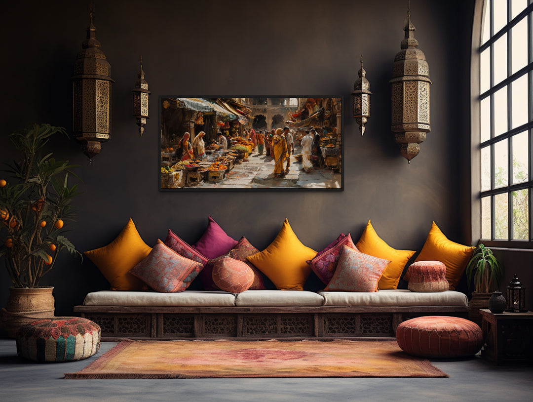 Indian Bazaar Wall Art – Vibrant Framed Canvas Print | Traditional Indian Painting