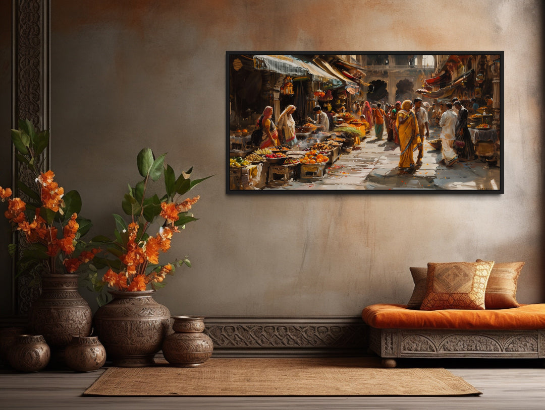Indian Bazaar Wall Art – Vibrant Framed Canvas Print | Traditional Indian Painting