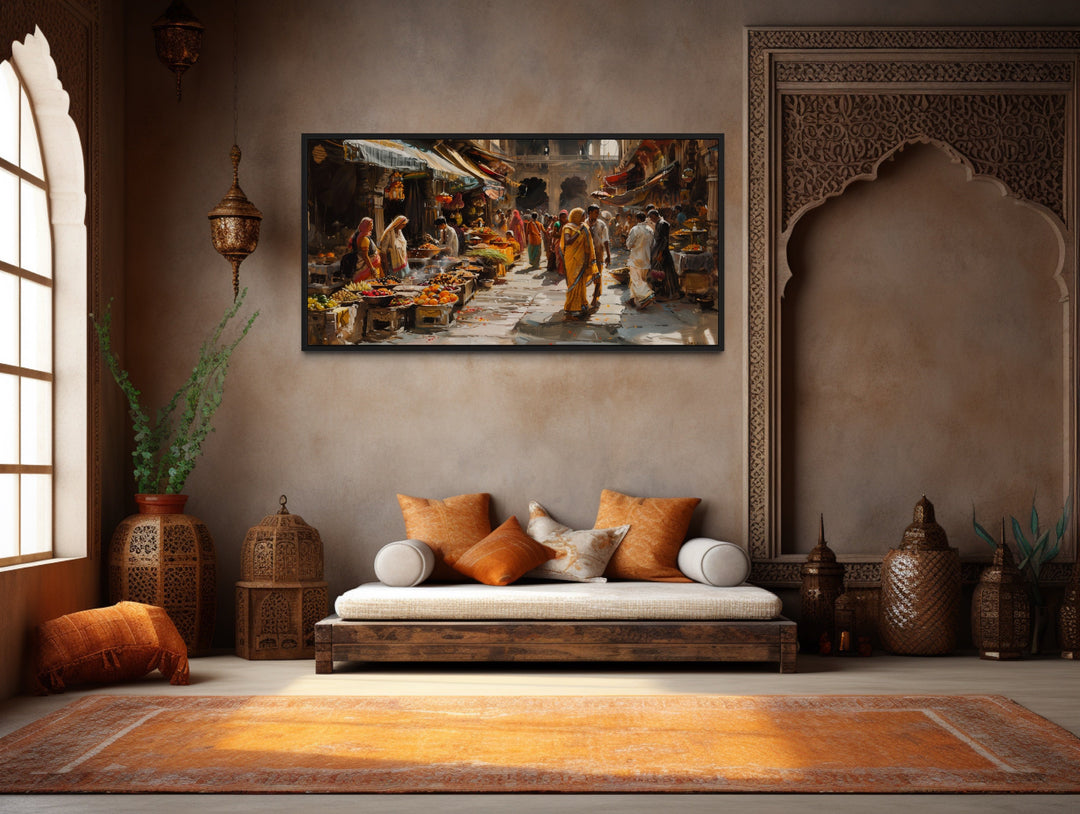 Indian Bazaar Wall Art – Vibrant Framed Canvas Print | Traditional Indian Painting