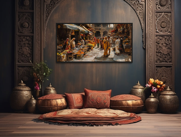 Indian Bazaar Wall Art – Vibrant Framed Canvas Print | Traditional Indian Painting