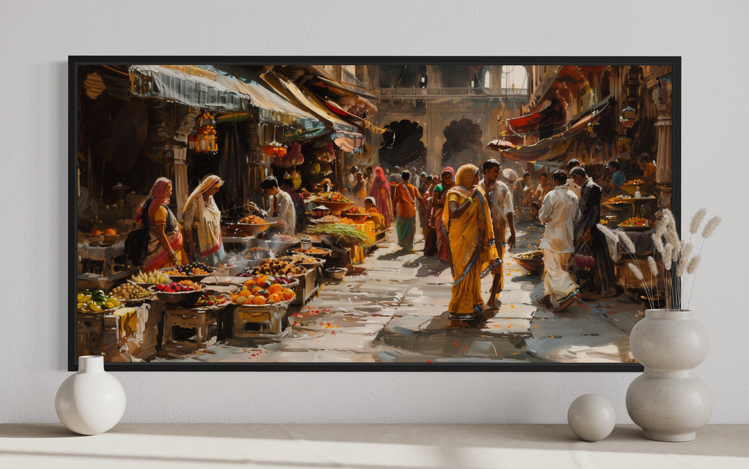 Indian Bazaar Wall Art – Vibrant Framed Canvas Print | Traditional Indian Painting