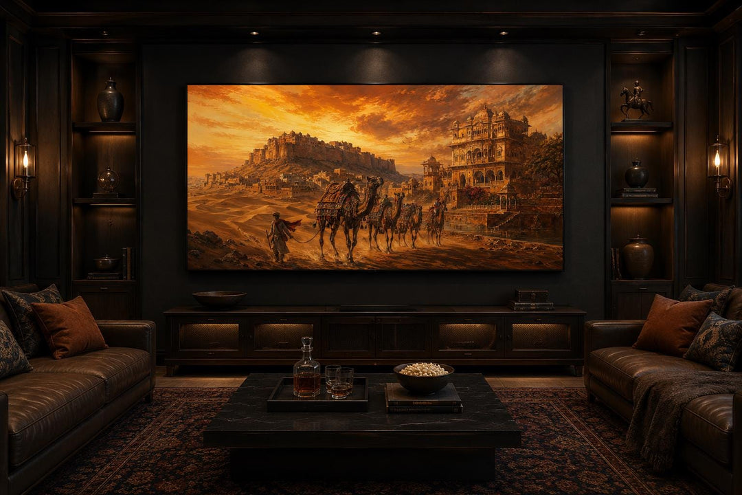 Indian camel caravan painting of a desert landscape with a fortress at sunset on a large screen.