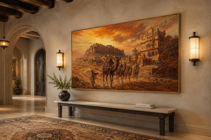 Indian camel caravan painting of a desert landscape with a Rajasthan fortress at sunset.