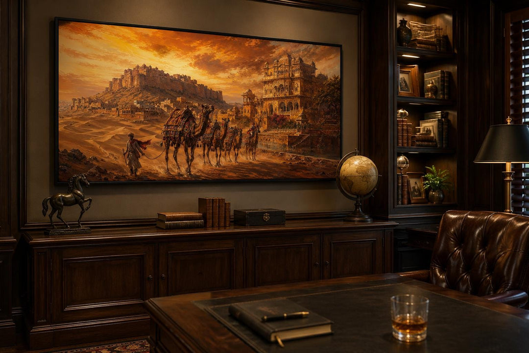 Indian camel caravan painting in a dark wood office above a desk with a globe and leather chair.