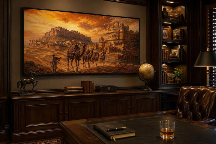 Indian camel caravan painting in a dark wood office above a desk with a globe and leather chair.