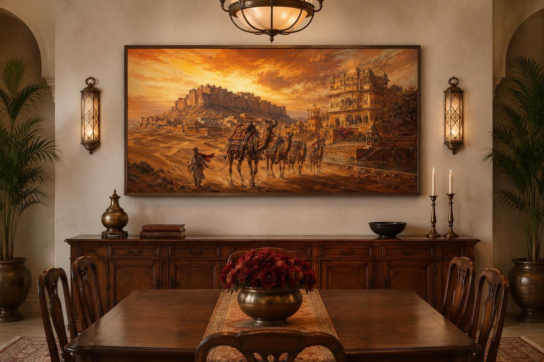Indian camel caravan painting in a dining room, featuring a desert landscape and Rajasthan fort.