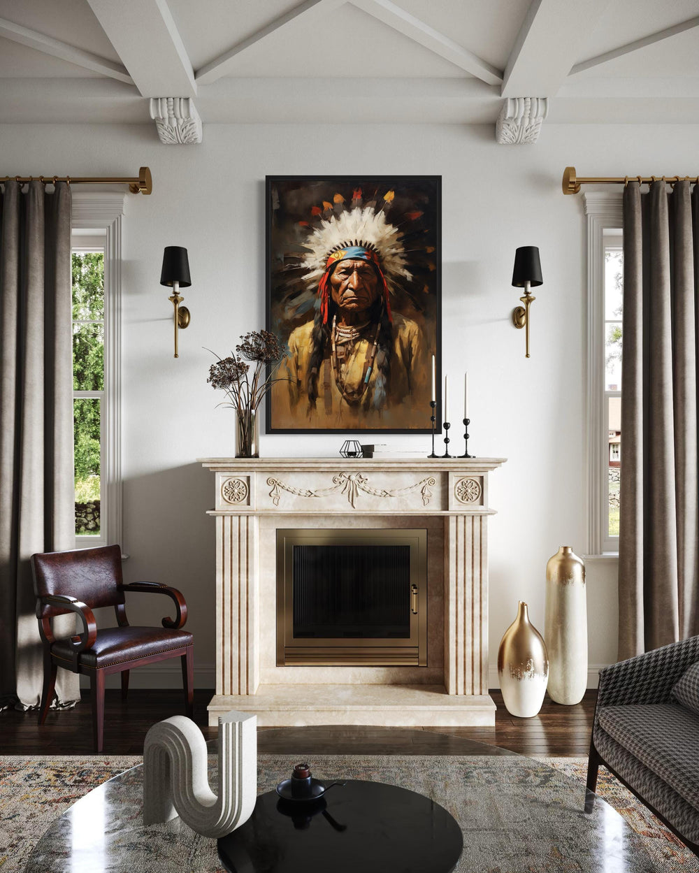 Indian Chief colorful framed canvas wall art hanging above a fireplace in a Western-style room.