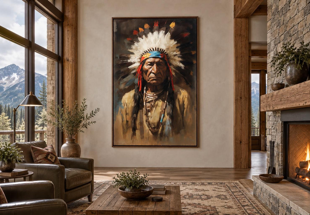 Indian Chief framed canvas wall art in a rustic living room with a fireplace and mountain views.