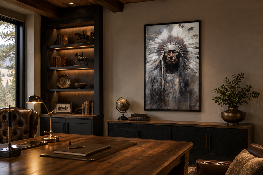 Indian Chief Native American framed canvas wall art hanging in a rustic home office study.