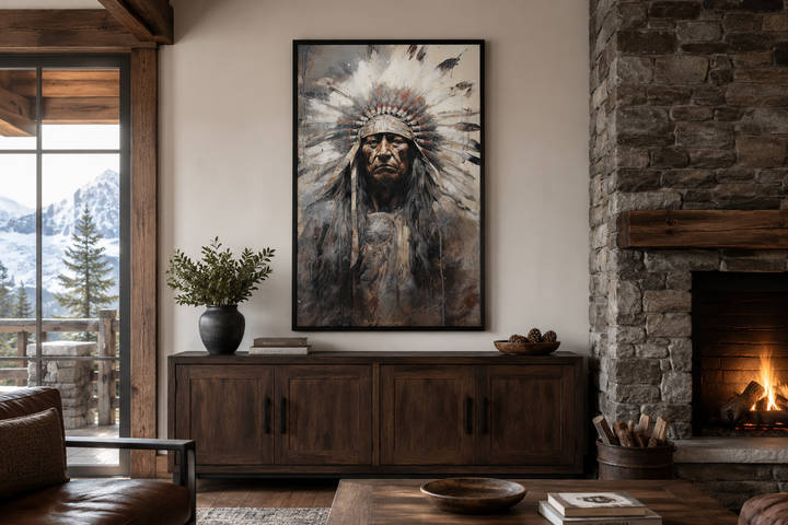 Indian Chief Native American framed canvas wall art hanging above a wooden sideboard in a room.