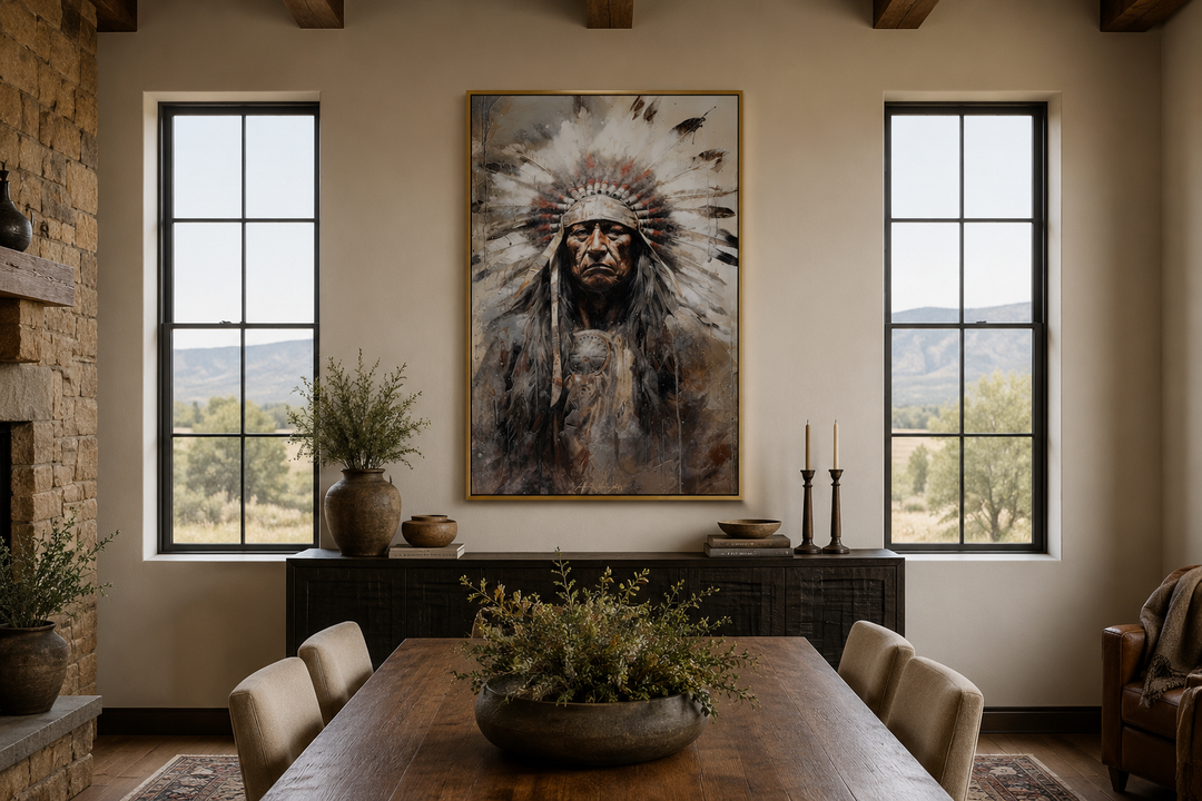 Indian Chief Native American framed canvas wall art hanging in a rustic dining room.