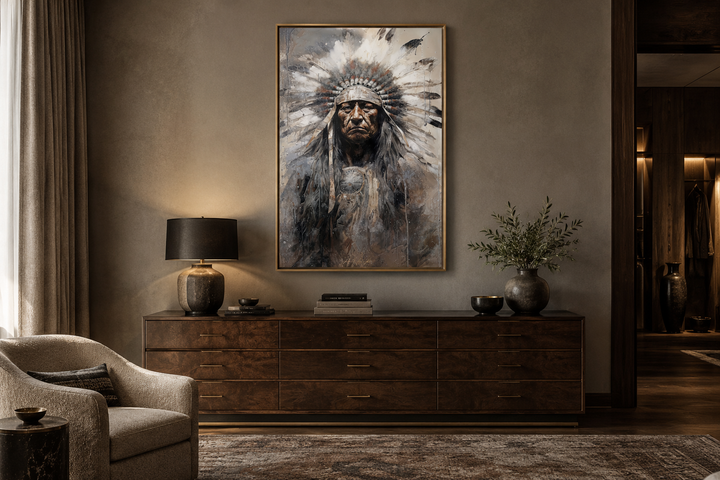 Indian Chief Native American framed canvas wall art above a wooden dresser in a rustic living room.