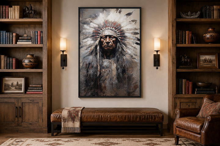 Framed canvas wall art of a Native American chief in a headdress, hung in a rustic study.
