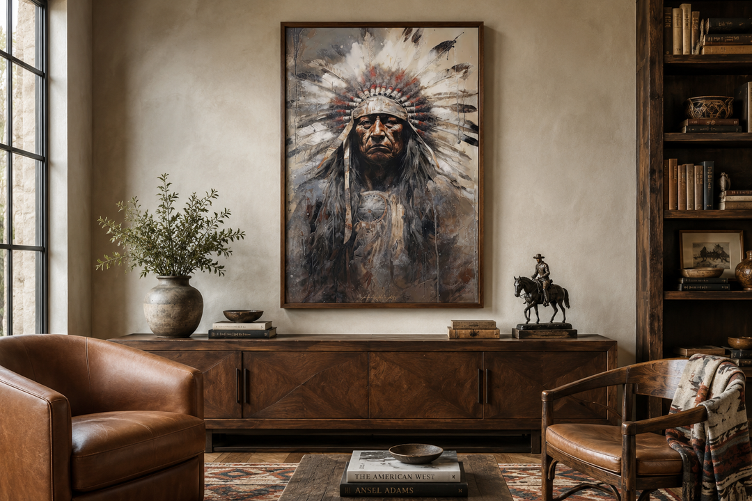 Framed canvas wall art of a Native American chief in a headdress above a wooden sideboard.